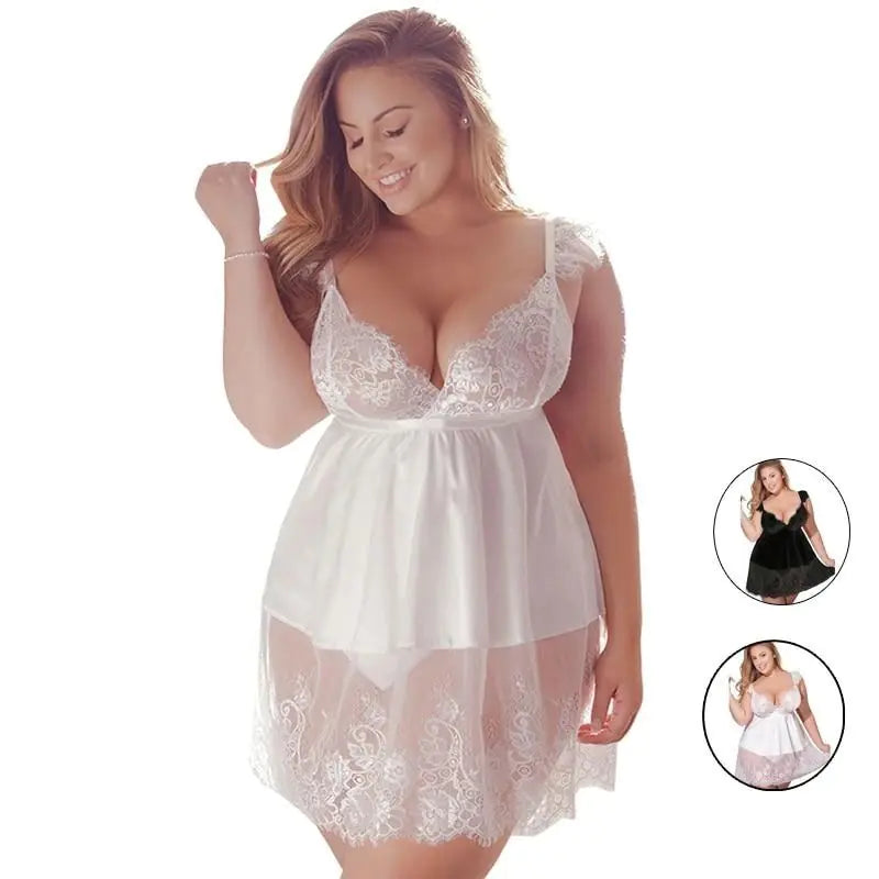 Plus Size Deep V Lace Suspender Skirt Lingerie – Elegant & Sexy Nightwear for Women