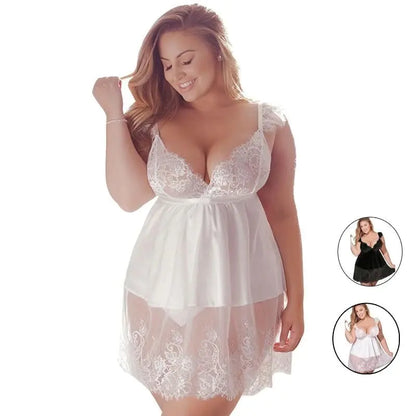 Plus Size Deep V Lace Suspender Skirt Lingerie – Elegant & Sexy Nightwear for Women