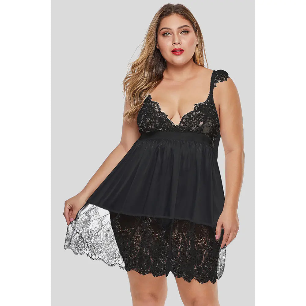 Plus Size Deep V Lace Suspender Skirt Lingerie – Elegant & Sexy Nightwear for Women
