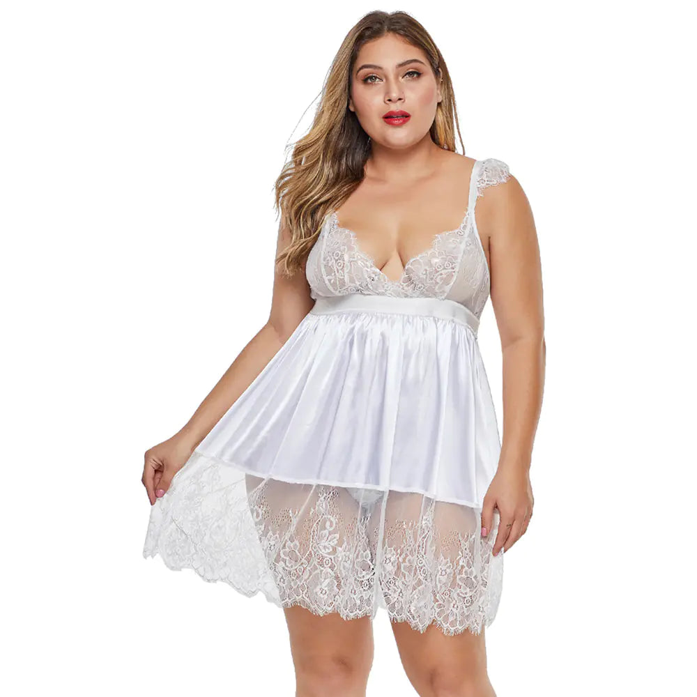 Plus Size Deep V Lace Suspender Skirt Lingerie – Elegant & Sexy Nightwear for Women